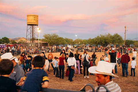Mutton Bustin' crowds in arena with water tower in the background