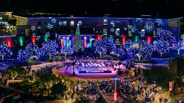 Aerial photo of blue and colored lights in the MMC