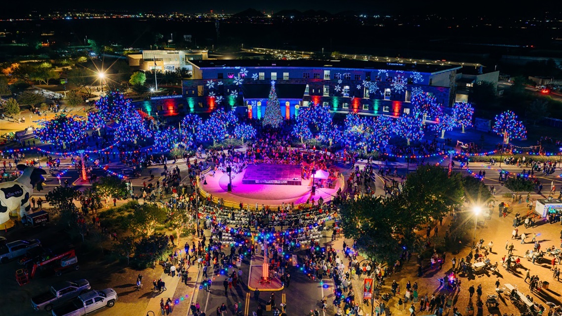 Aerial view of Holiday Festival 2025 at night