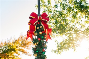 Christmas bow and decor on light pole