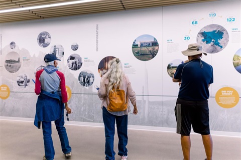 Visitors enjoying the timeline wall
