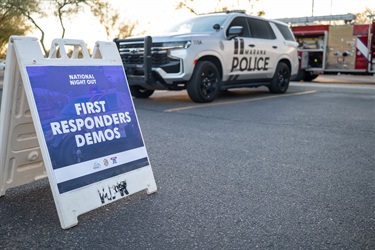 First Responders Demo sign and Marana police vehicle