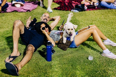 Couple lying down on grass with dog
