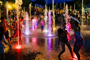 Splash Pad at night with lights